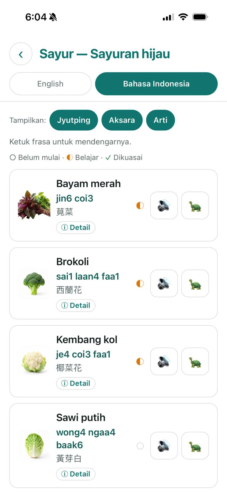 A Kongla vegetables lesson in Bahasa Indonesia, listing Cantonese phrases with jyutping, Chinese characters and a photo of each vegetable, with buttons to hear each phrase at normal or slow speed.